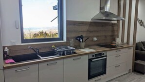 Uma cozinha moderna com janela, eletrodomésticos de aço inoxidável e vista para o exterior.