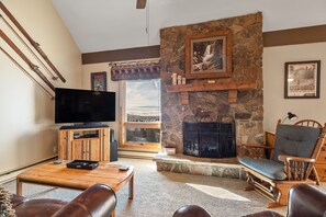TV, fireplace - Mountain Views~Near Ski Area~2 Bed + Loft~Shuttle! (Steamboat Springs)