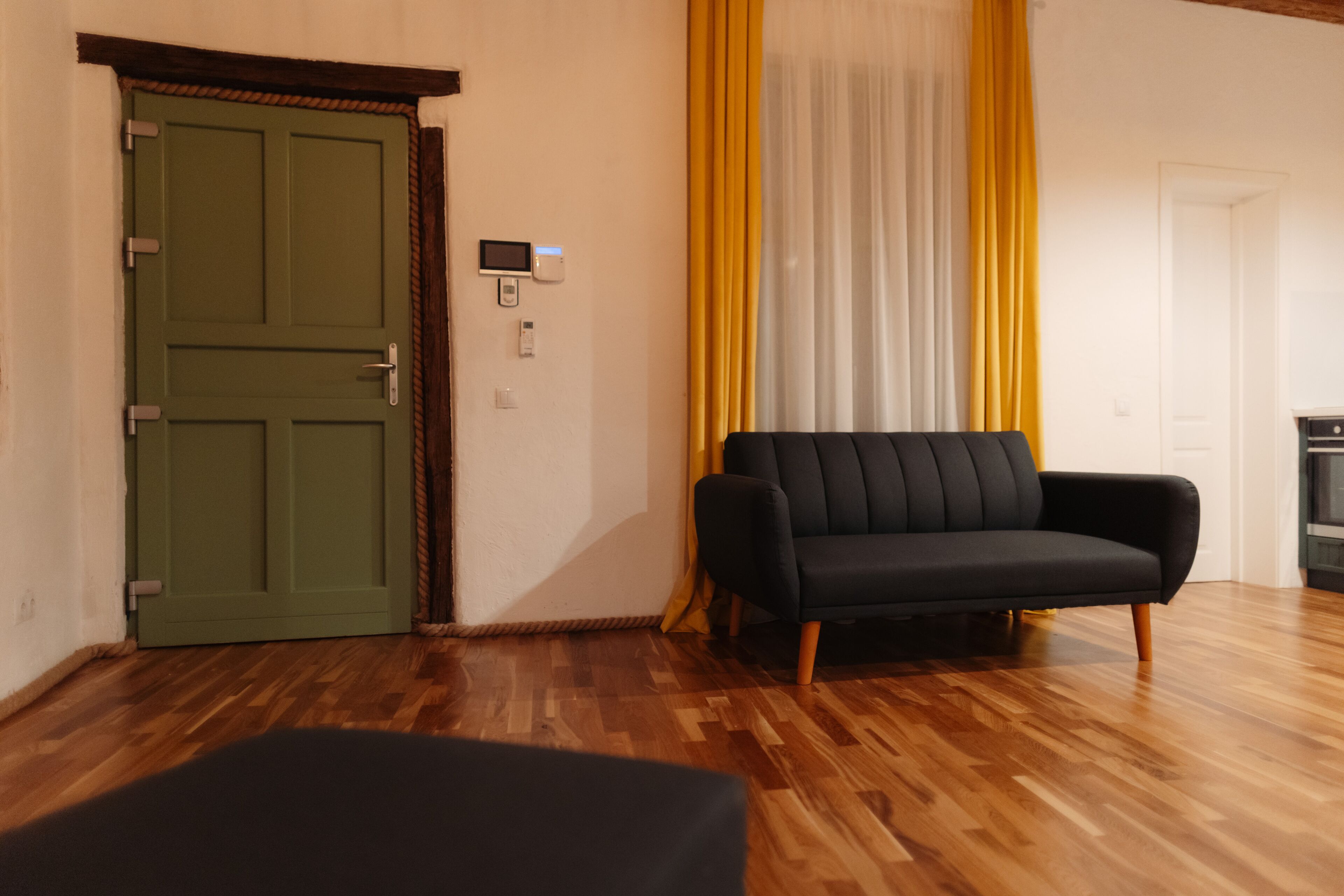 A room with a green door, a black sofa, and wooden flooring.
