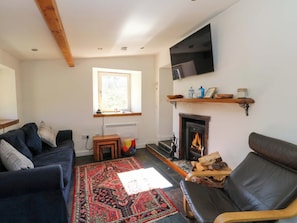 A living room with a fireplace, a sofa, a rug, and a television. - Gun Powder Cottage (Tighnabruaich)