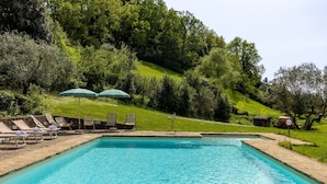Une piscine rectangulaire à l’eau d’un bleu limpide, entourée de chaises longues et de parasols, avec en arrière-plan une végétation luxuriante et une colline verdoyante.