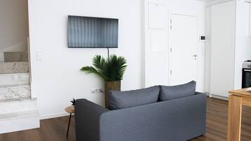 A modern living room with a grey sofa, a potted plant, and a flat-screen TV mounted on the wall.