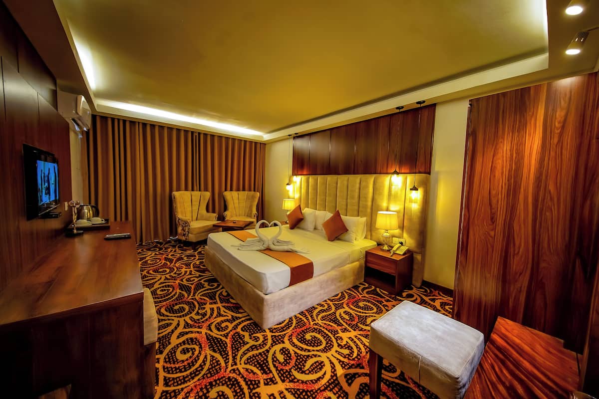 A hotel room with a large bed, a desk, a chair, a TV, and a patterned carpet.