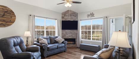Smart TV, fireplace, foosball, printers