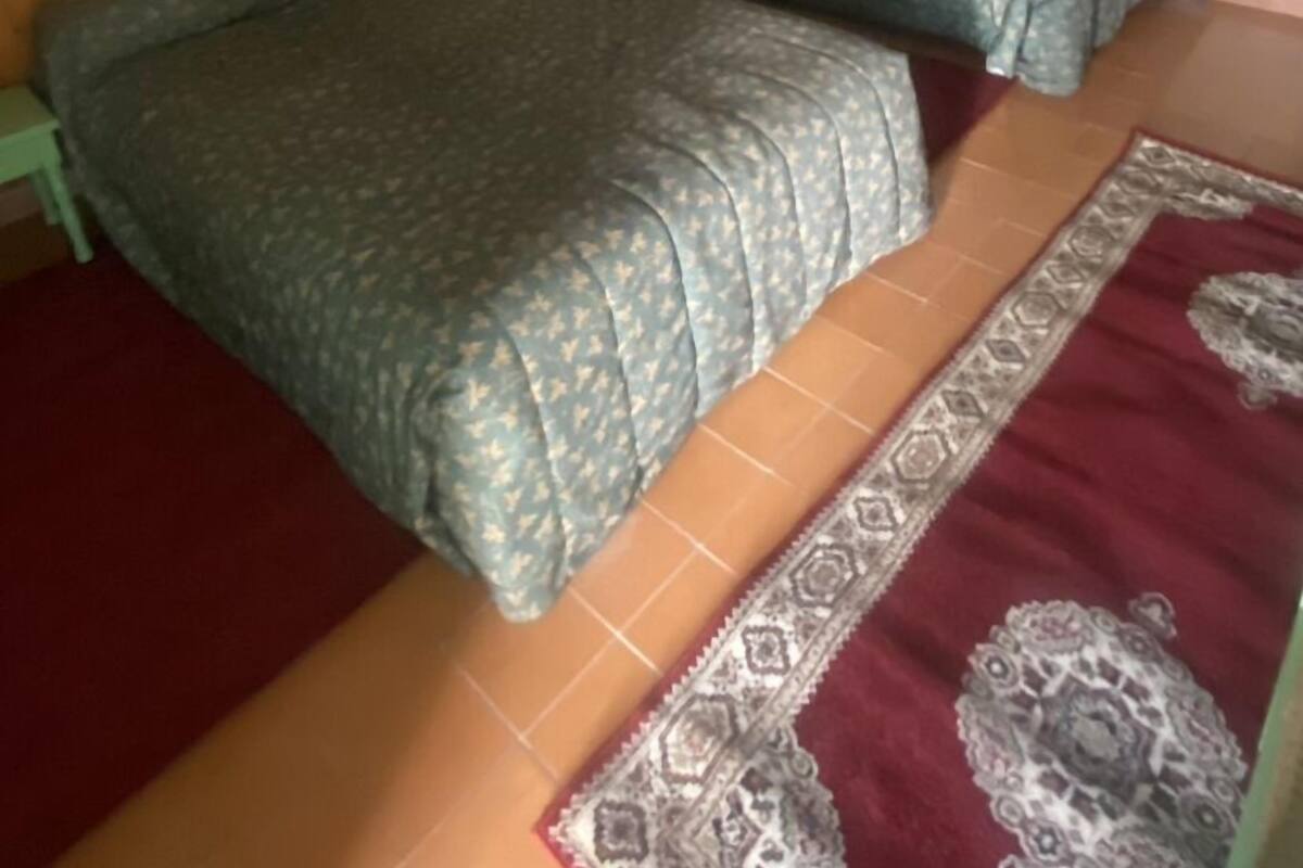 Une chambre avec deux lits, un tapis à motifs et un élément décoratif mural.
