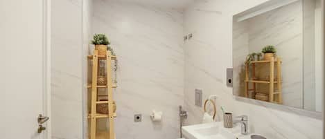 Shower, hair dryer, towels