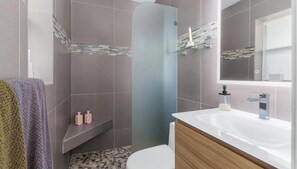 Regadera, toallas, jabón, shampoo 