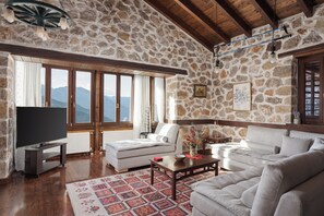 Deluxe Chalet, Non Smoking, Mountain View | Living area | 43-inch Smart TV with cable channels, fireplace, Netflix - Parnassus Woodstone Chalets- N1- N2- N3 (Delphi)
