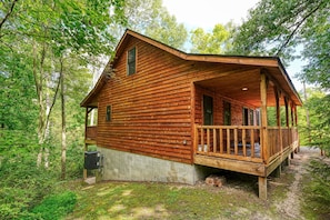 A wooden cabin with a porch, surrounded by trees. - Green Heron in Hocking Hills (Logan)