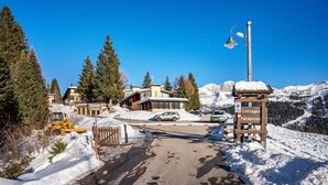 A snow-covered road leading to a building with a sign indicating 'Cottages Patacross.'