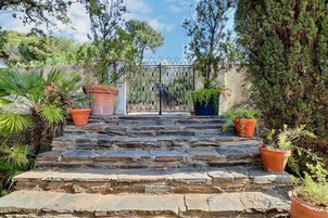 Una escalera de piedra conduce a una entrada con puerta, rodeada de plantas en macetas y árboles.