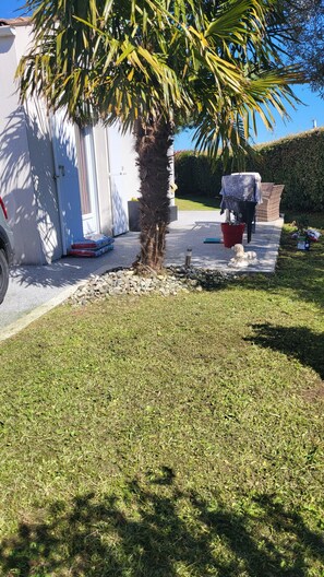 Un barrio residencial con una casa blanca, una palmera, un camino de entrada pavimentado y un jardín.
