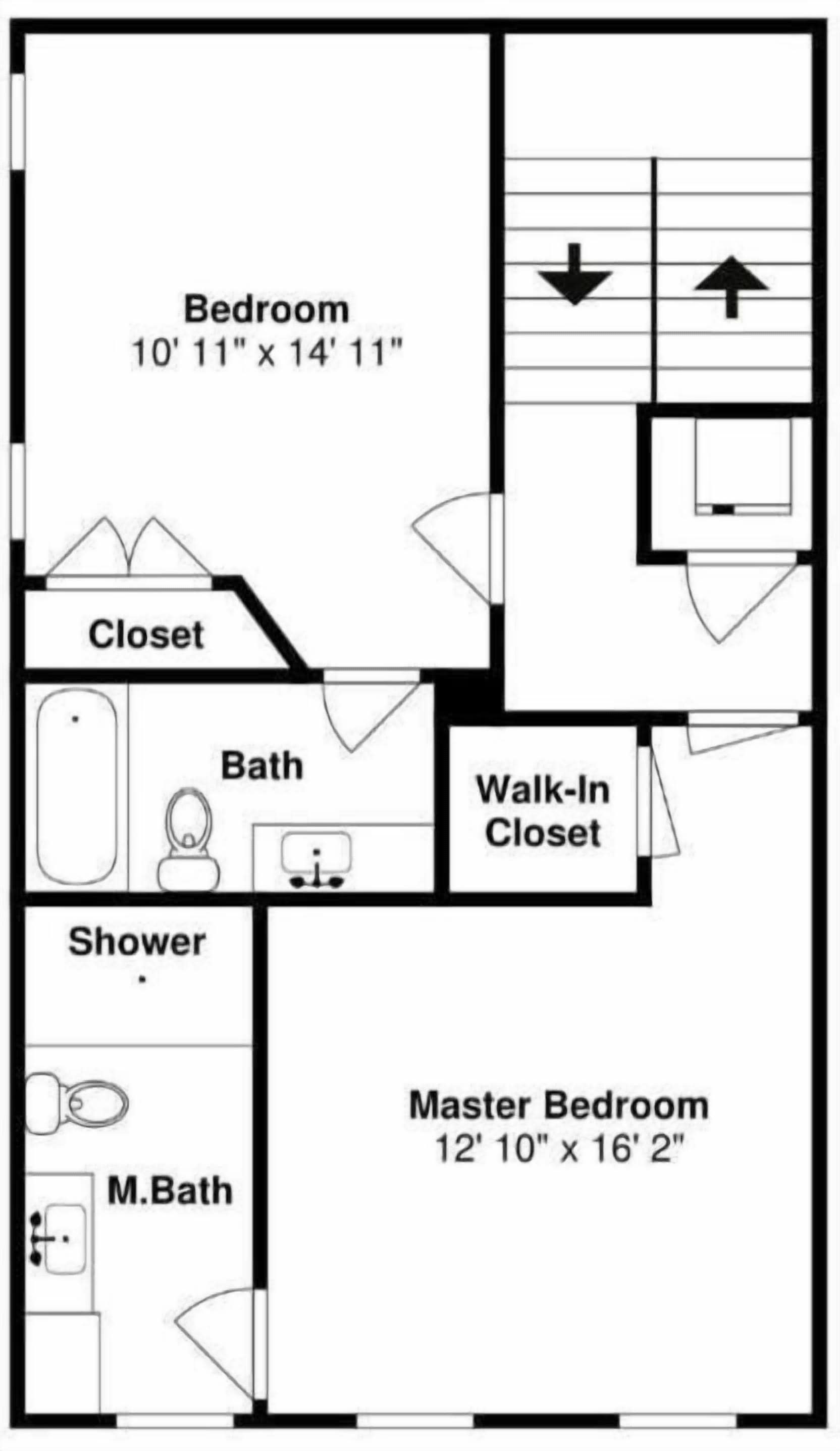 A floor plan of a hotel room with a master bedroom measuring 12' 10' x 16' 2', a standard bedroom, a walk-in closet, a bathroom with a shower, a master bath, and a closet.