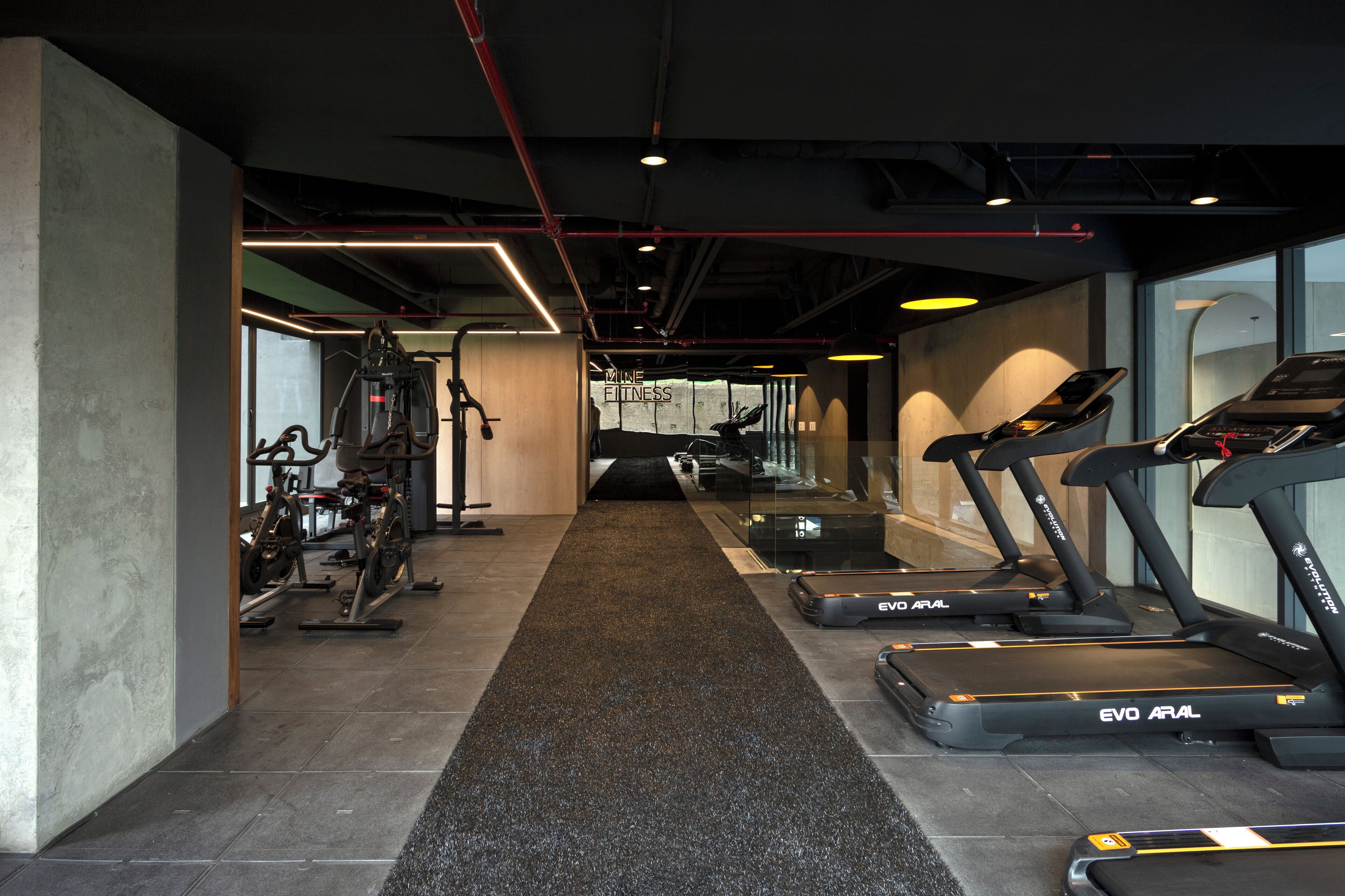 A gym with treadmills, stationary bikes, and weight machines.
