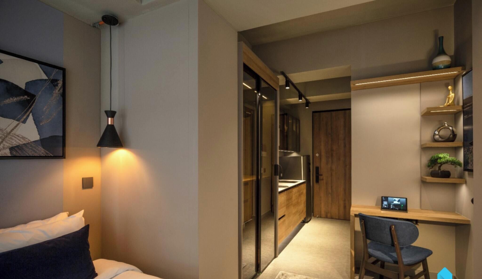 A modern hotel room with a bed, a desk with a chair, a small plant, and a wall-mounted shelf with decorative items.