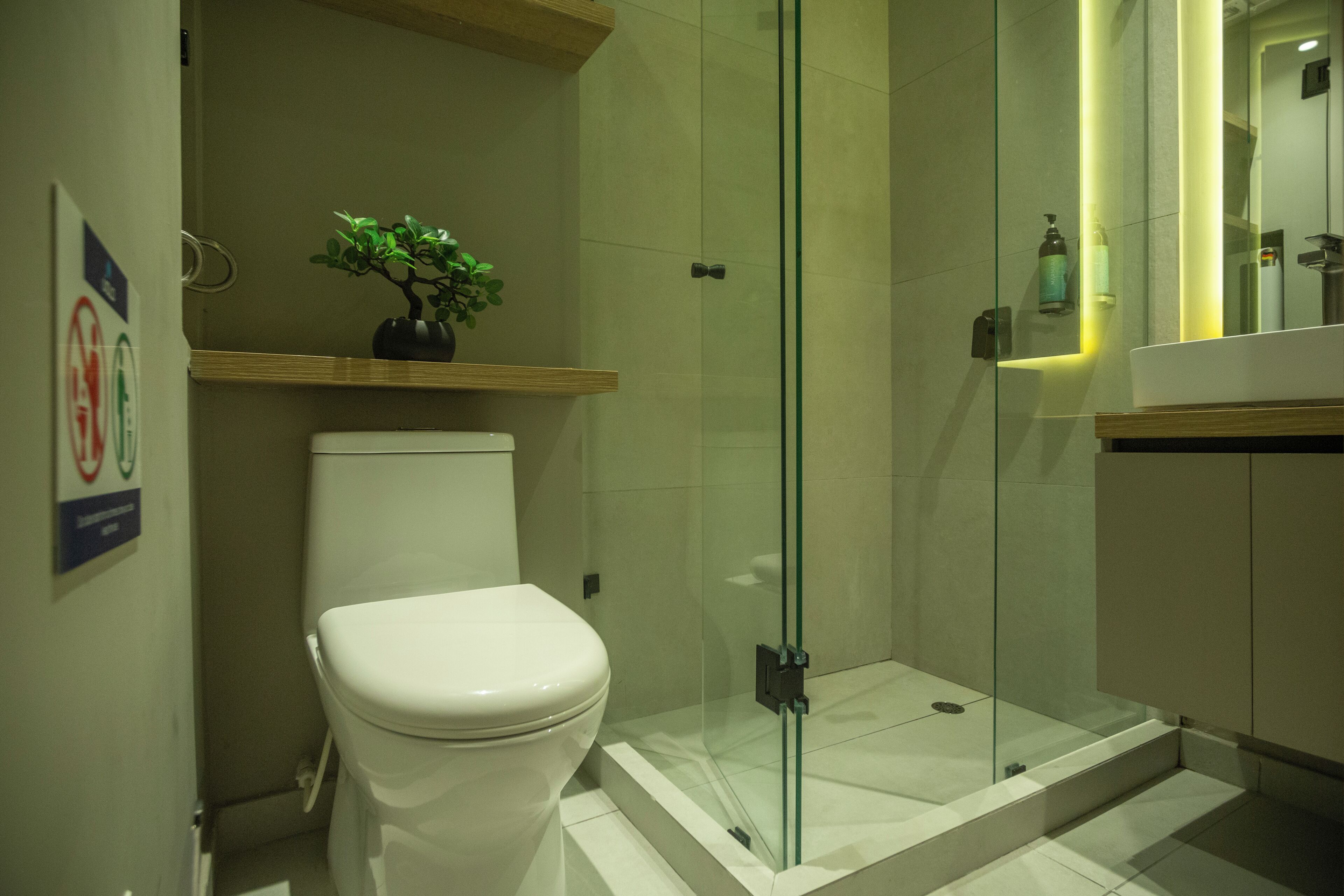 A modern bathroom with a glass-enclosed shower, a white toilet, and a shelf with a potted plant.