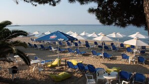 Een strandgedeelte met rijen blauwe en witte ligbedden en parasols, waarvan sommige logo's hebben, klaar voor een zonnebad.