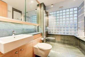 Shower, hair dryer, towels