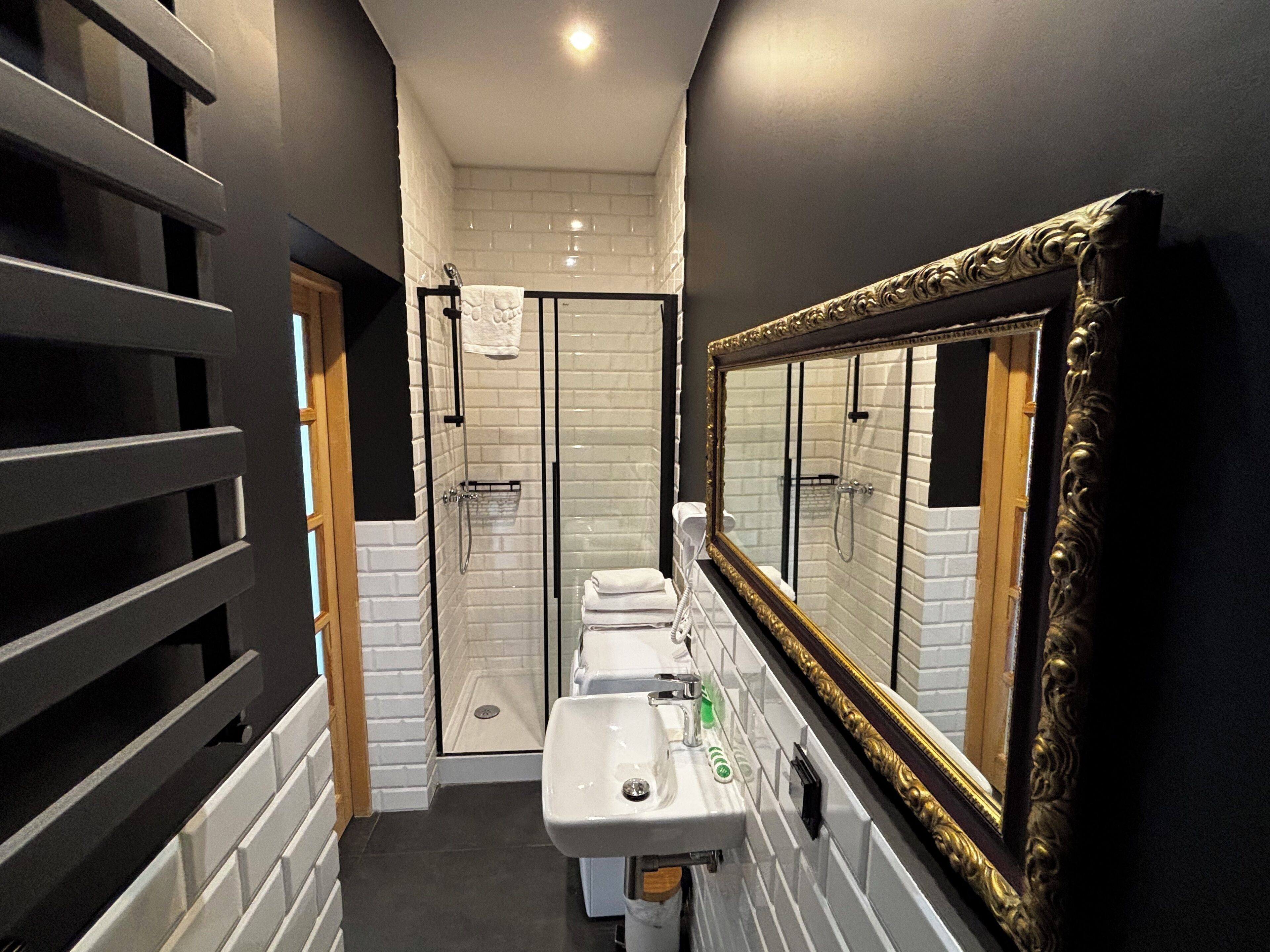 Une petite salle de bain avec une douche en verre, un lavabo avec un miroir et un porte-serviettes.