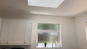 Ein Zimmer mit Oberlicht, einem Fenster mit Frostglas und einem Blumentopf.
