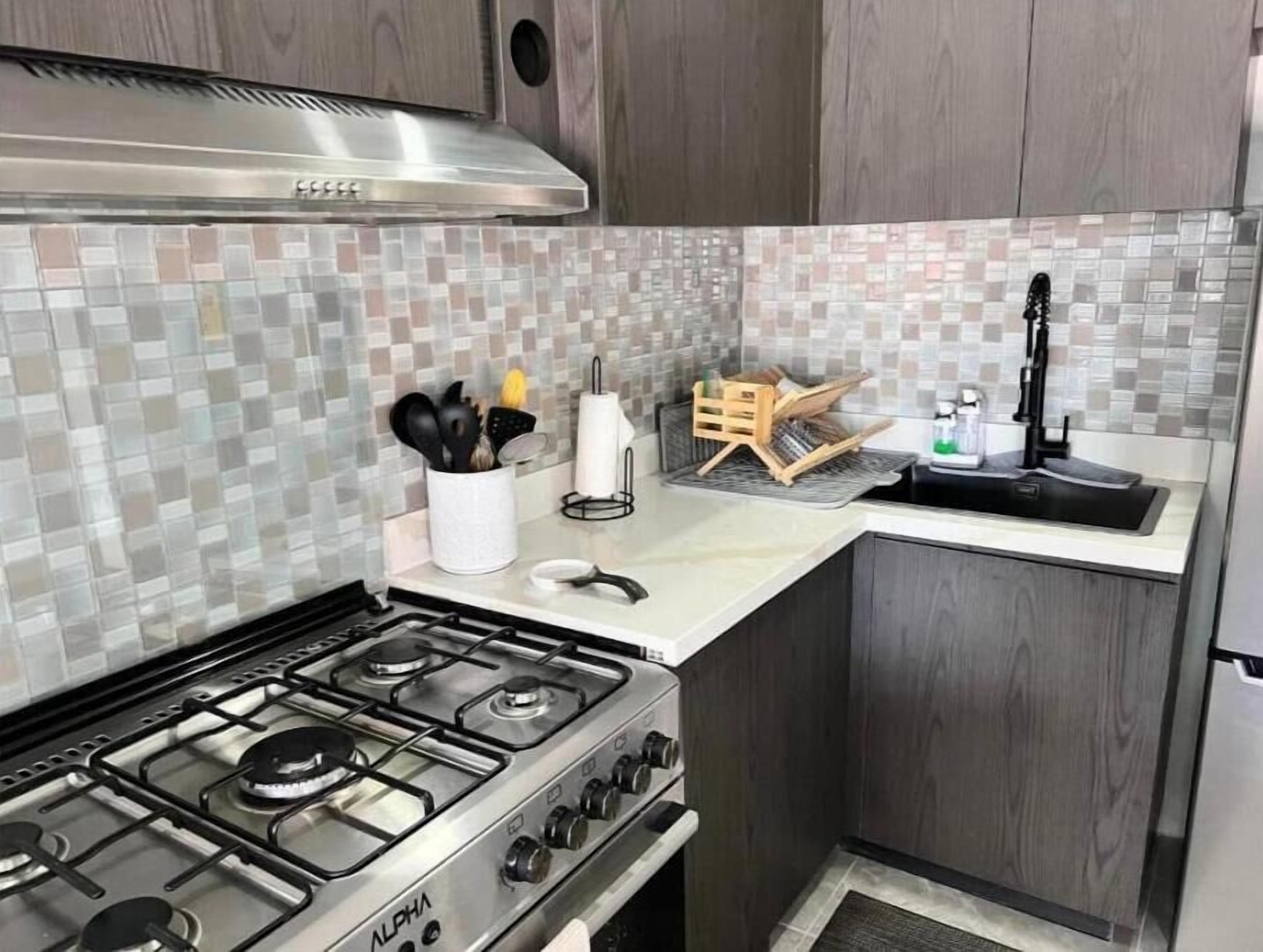 Une cuisine compacte équipée d’une cuisinière à gaz, d’une hotte en acier inoxydable et d’un dosseret carrelé.