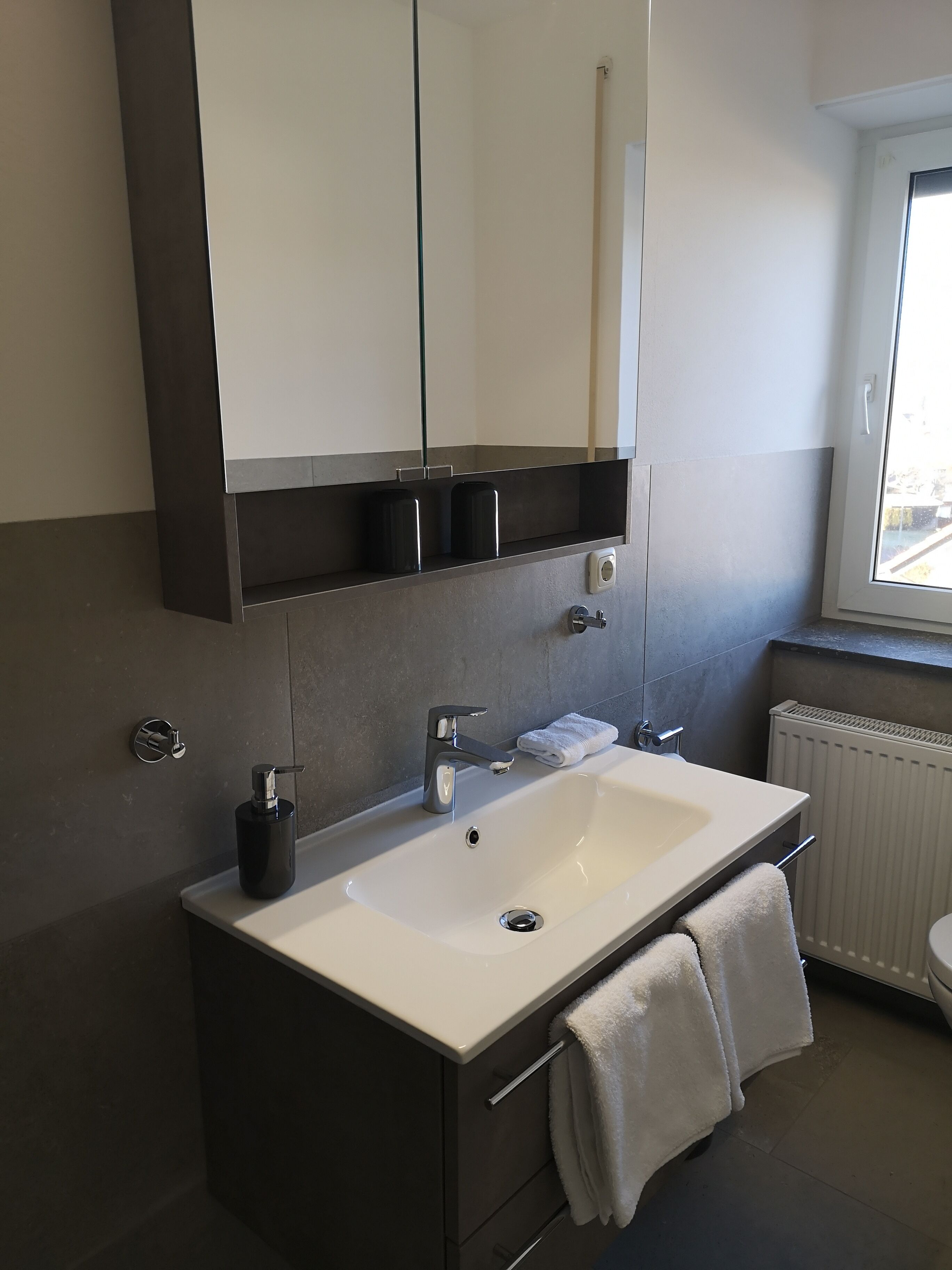 A modern bathroom with a white sink, dark-toned vanity, and a large mirror above the sink.