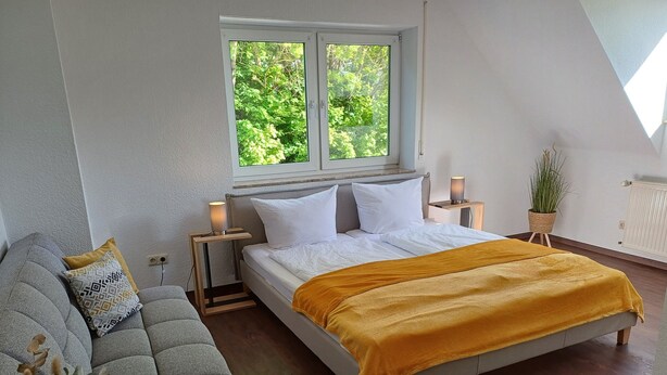 Une chambre avec un lit, un canapé, une fenêtre et une plante.