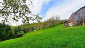 A barn with a large, curved roof and a corrugated metal building with colorful artwork on the side. - Renovated Rustic Lodge/Historic property.
Hike, fish, star gaze. w/artist studio (Port Washington)