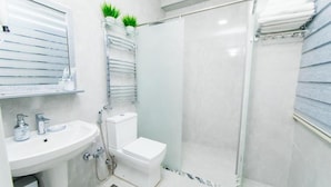 Shower, rainfall showerhead, hair dryer, bathrobes