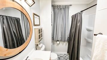 Hair dryer, towels, soap, shampoo