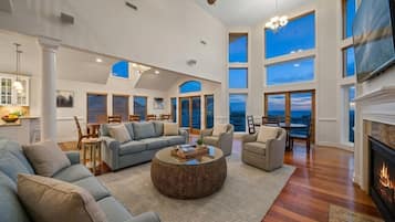 Smart TV, fireplace, table football, books