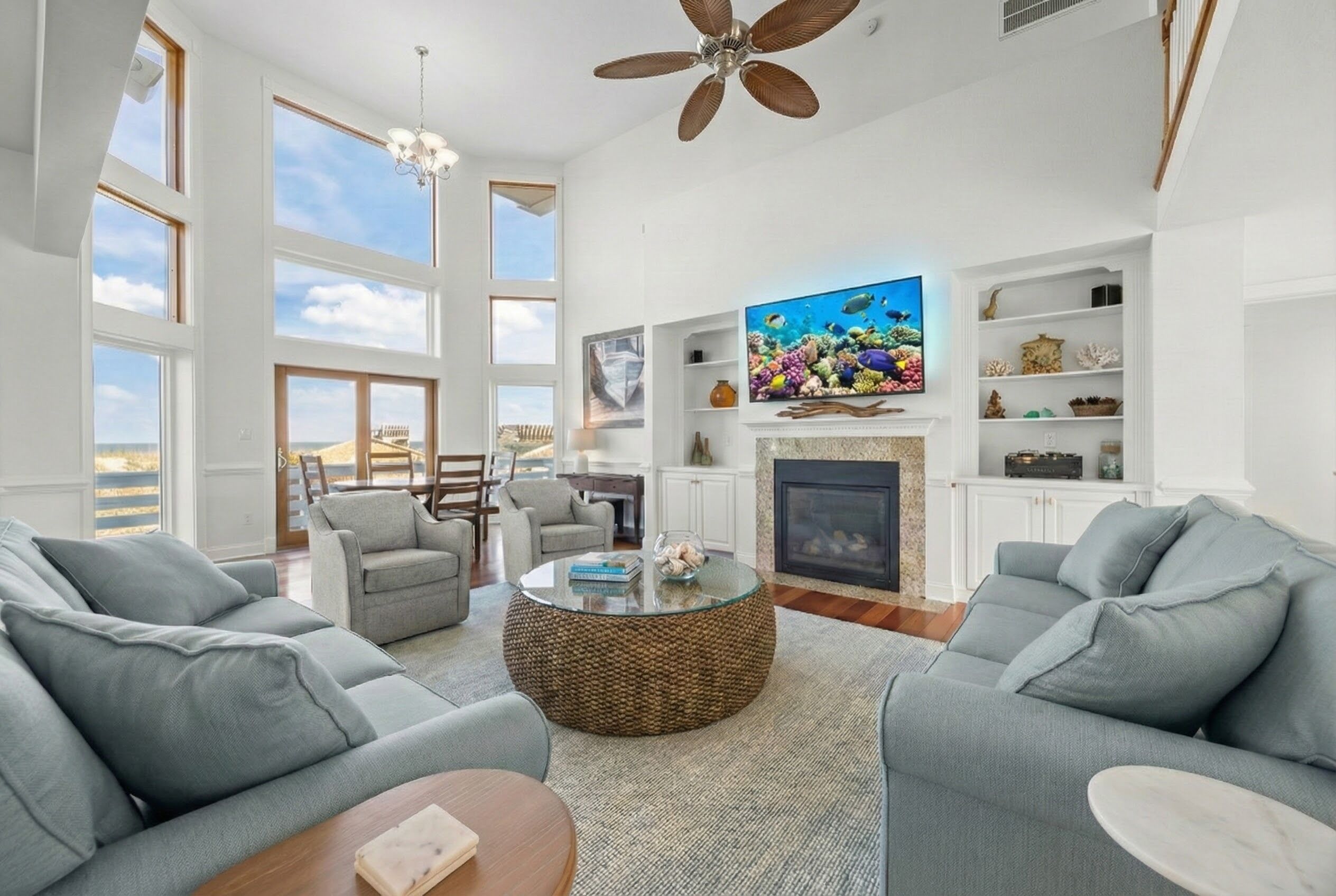 Smart TV, fireplace, foosball, books