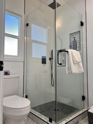 Dusche, Haartrockner, Handtücher, Seife