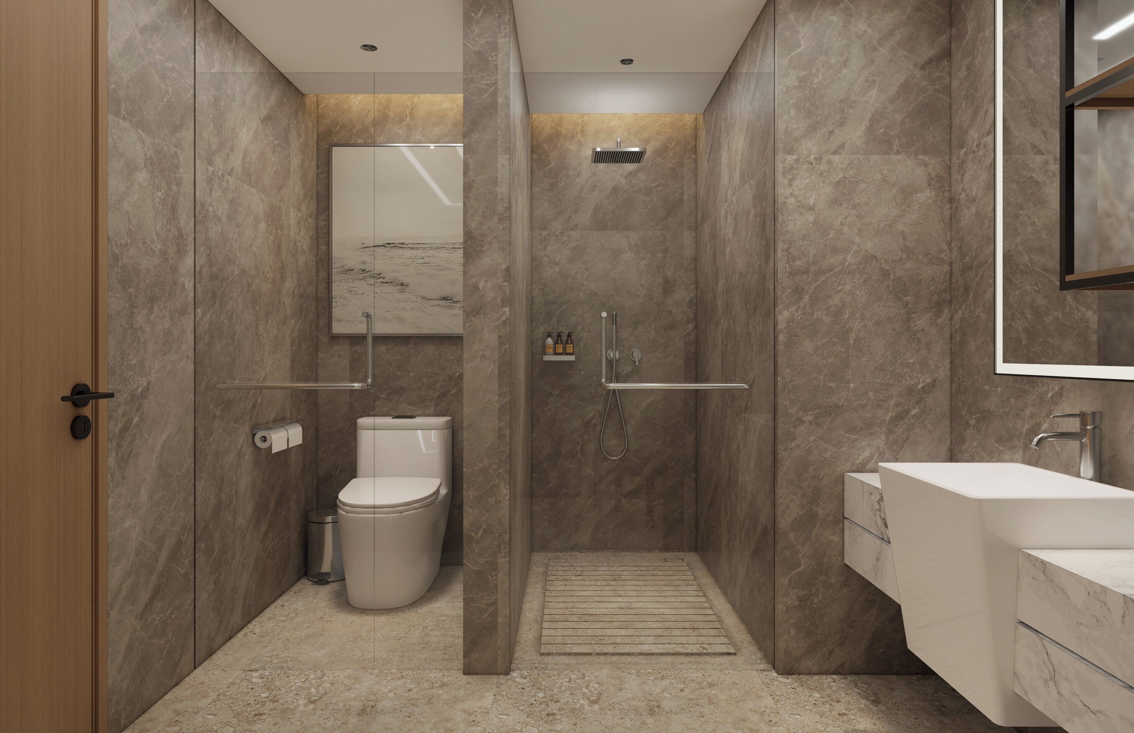 A modern bathroom with a shower, toilet, and sink.