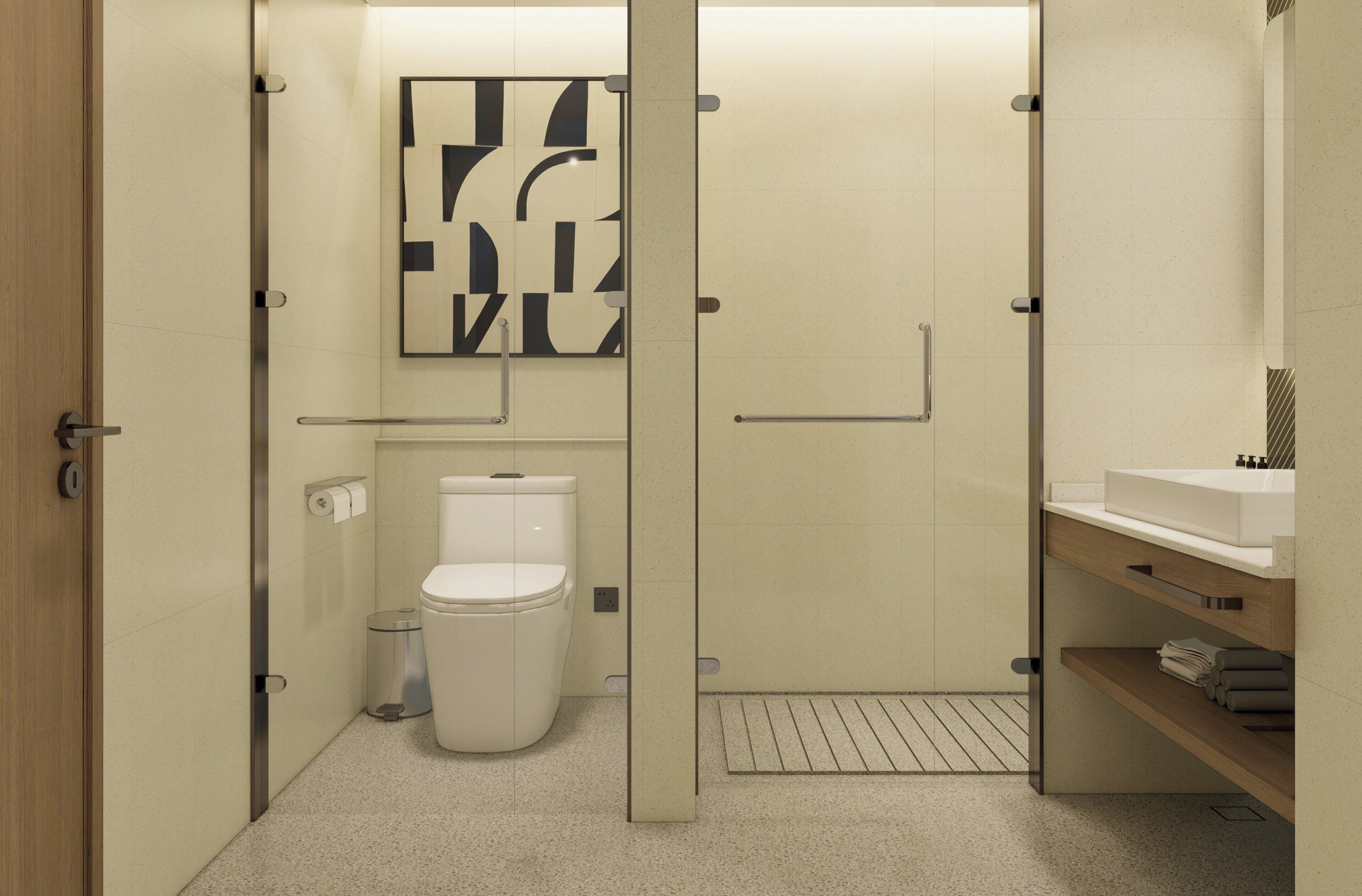A bathroom with a toilet, a sink, and a shower area.