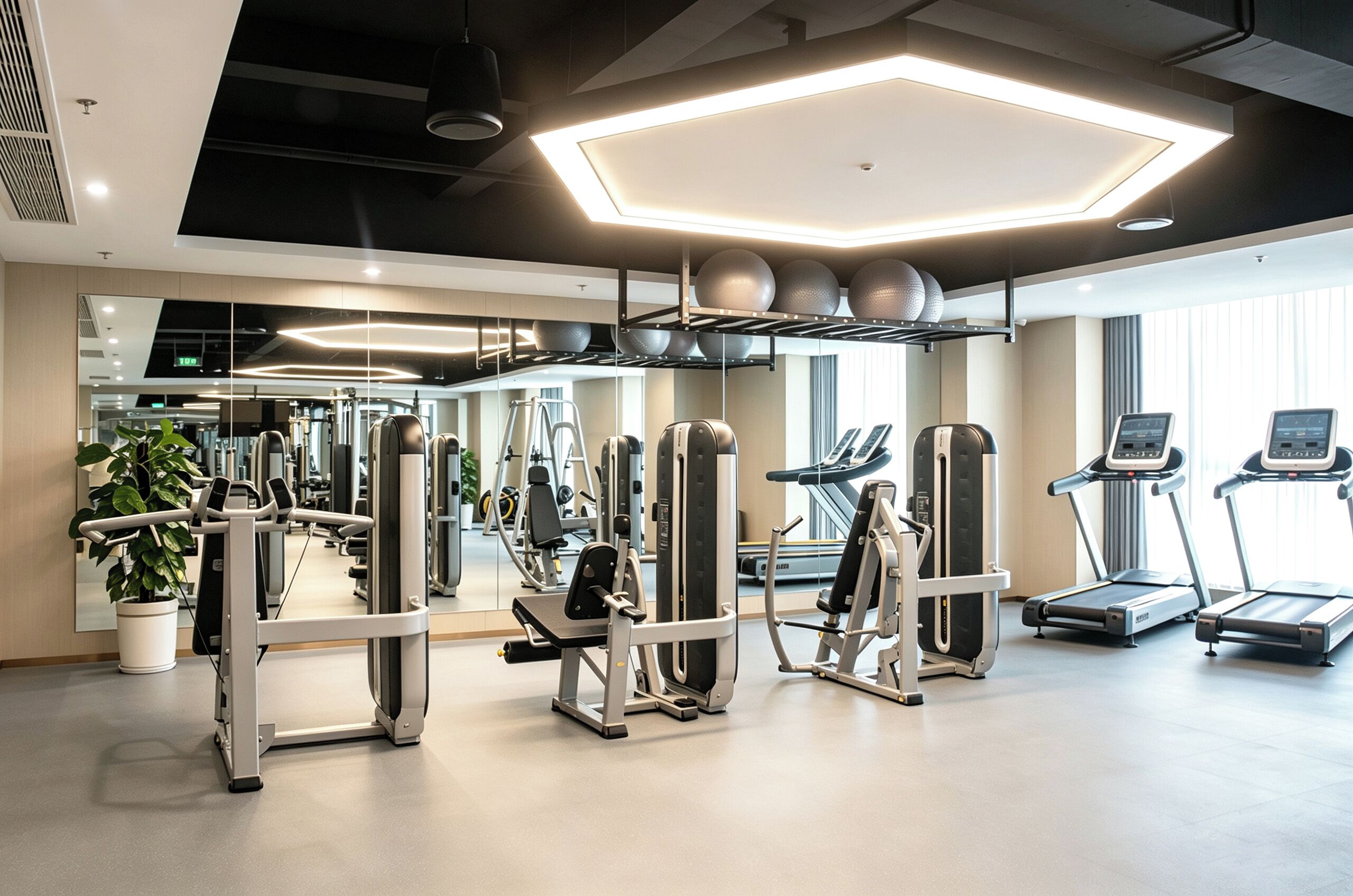 A modern gym with various exercise equipment, including treadmills and weight machines.