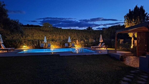 A swimming pool with lounge chairs and umbrellas, surrounded by a grassy area and a forested hill. - Panmar Villa 5 minutes from Saint Nicholas beach (Zakynthos)