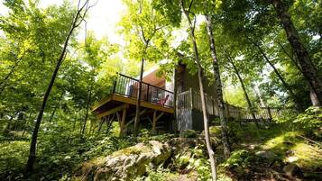 A cabin in a forest with a wooden deck and a metal railing.