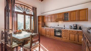 Coffee/tea maker, fridge, oven, stovetop