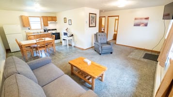 30-inch TV with cable channels, fireplace