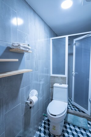 Kylpyhuone, jossa on wc, suihku ja pesuallas.