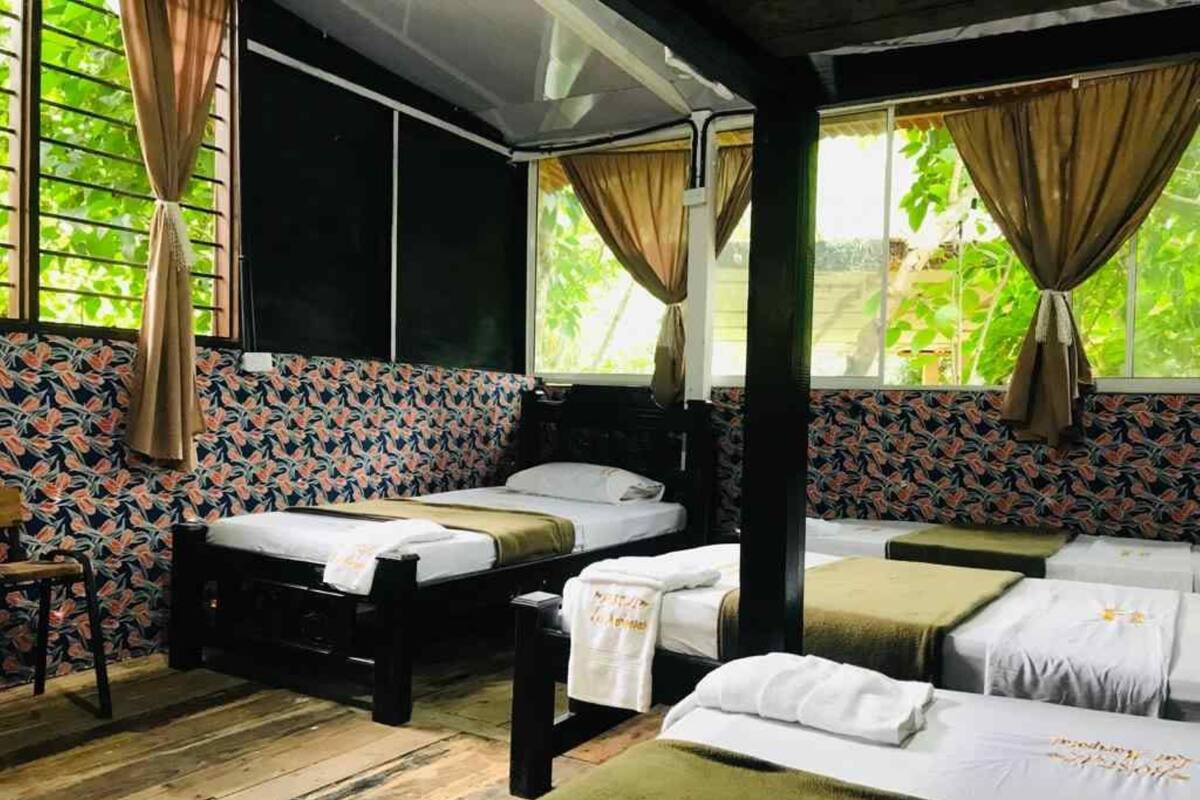 Quarto com duas camas, piso de madeira, papel de parede estampado e cortinas.