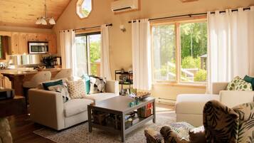 Smart TV, fireplace, books, stereo