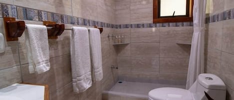 Shower, hair dryer, soap, shampoo