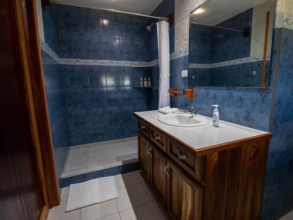Une salle de bain avec des carreaux bleus, un meuble-lavabo en bois, un lavabo blanc et un espace douche.