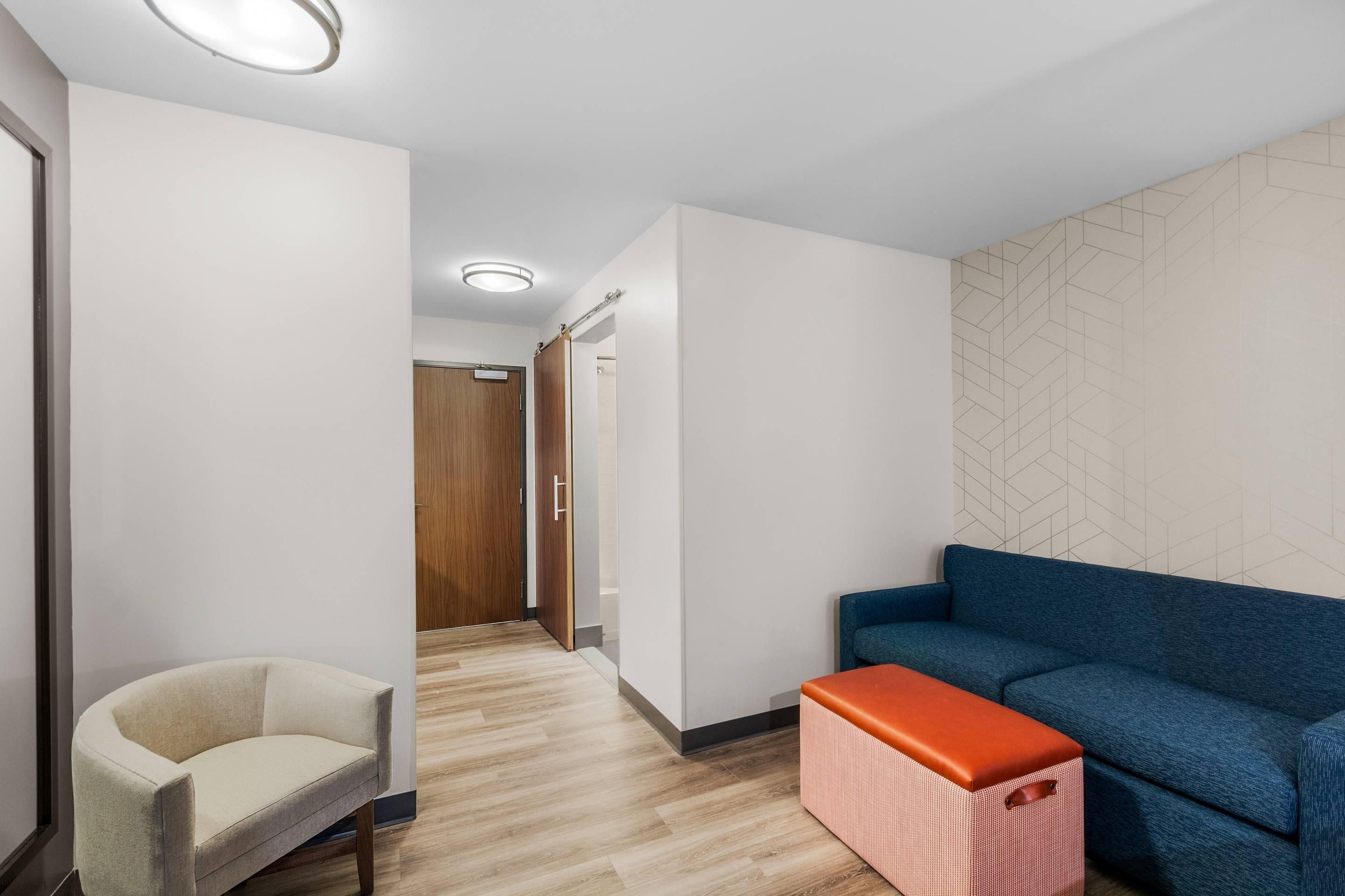 A modern interior with a sofa, a chair, and a wooden door.