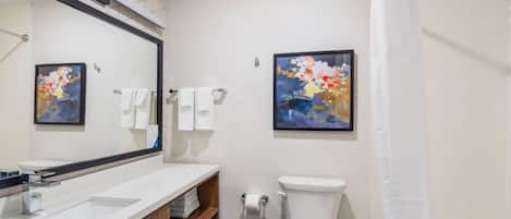 A modern bathroom with a white sink, a toilet, and a shower curtain. There are two framed artworks on the wall.