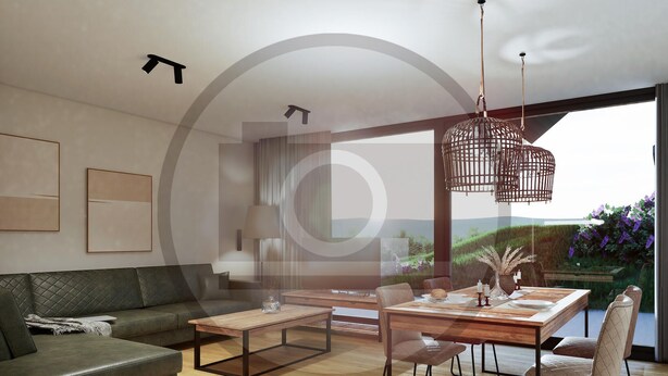 Un salon moderne avec un canapé, une table basse et un coin repas avec des chaises. Une grande fenêtre offre une vue sur la verdure environnante.
