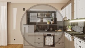 Een moderne keuken met een inbouwoven, een spoelbak en een raam met zonwering.