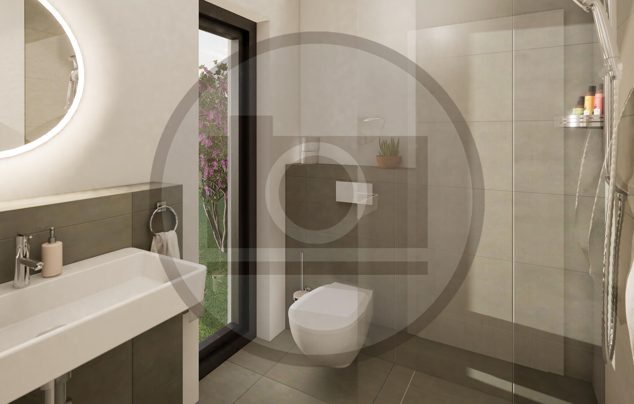 A modern bathroom with a toilet, sink, and shower.